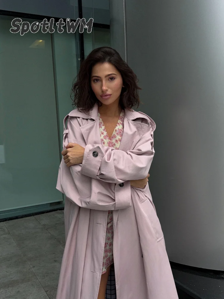 Solid Oversized Women Long Trench Coat Double Breasted Lapel Collar Checkered Lining Jacket 2026 Lady Autumn Casual Outerwear