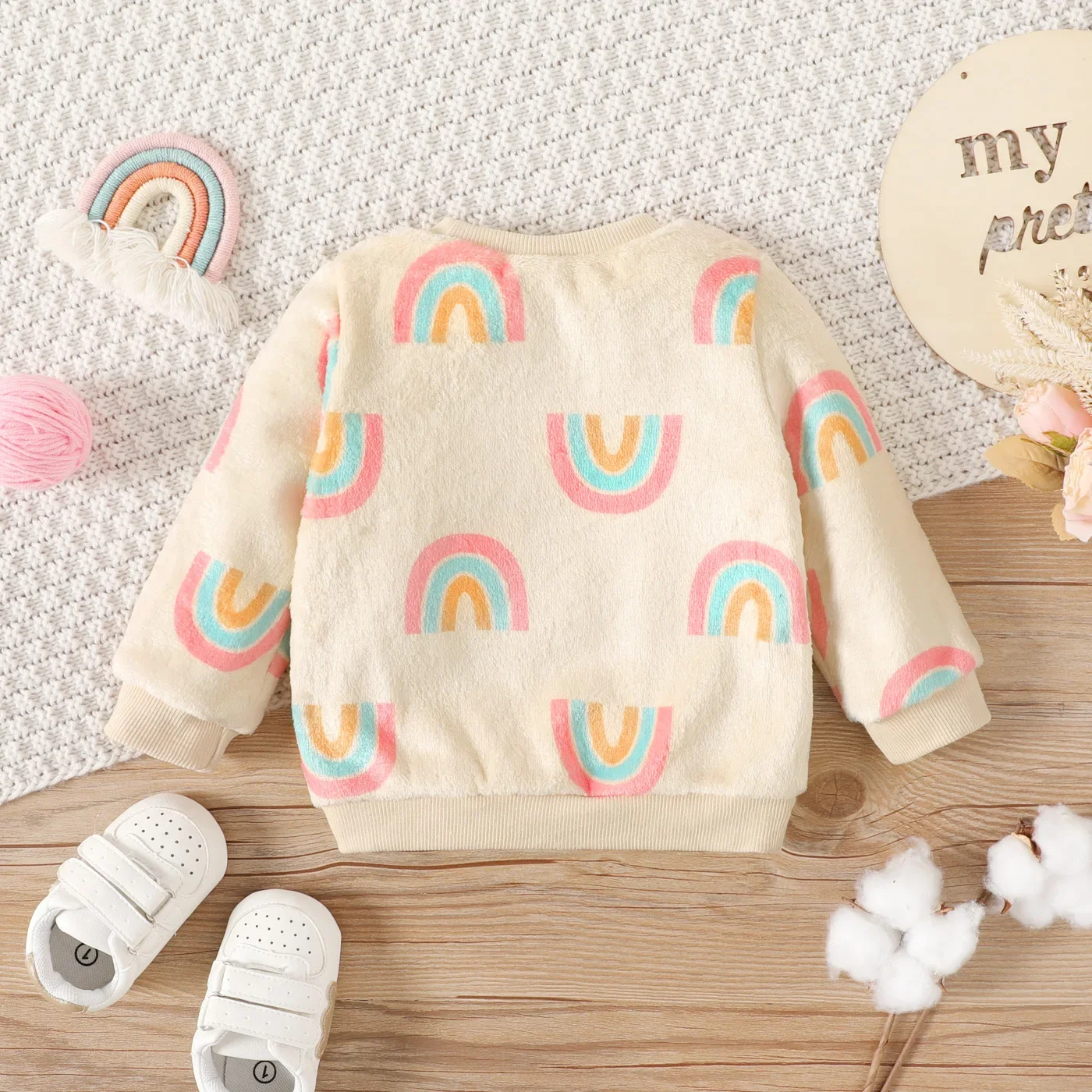 PatPat Baby Boy/Girl Allover Rainbow Print Long-sleeve Fuzzy Sweatshirt Soft and Comfortable  Perfect for Outings and Daily Wear