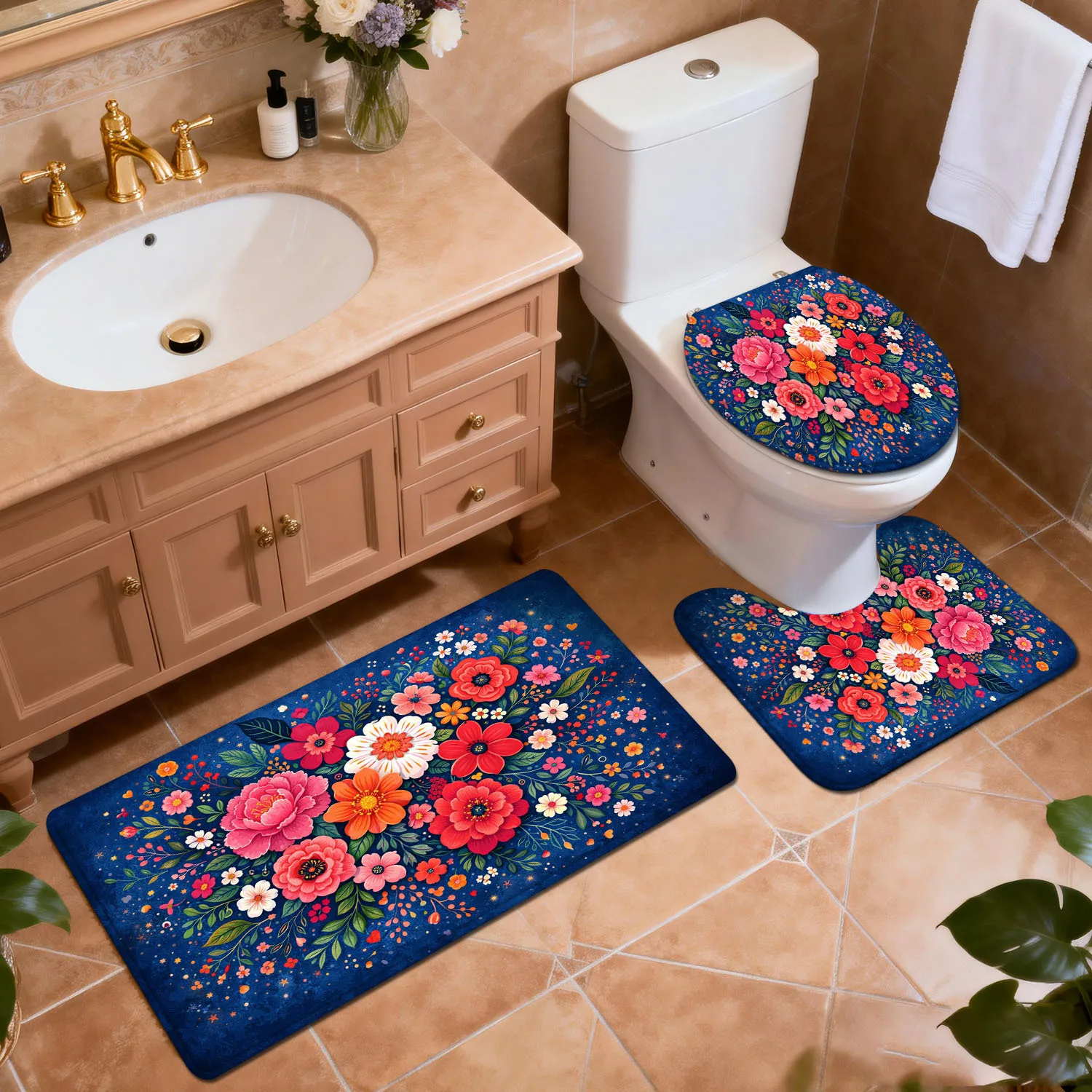 

3pcs Bath Rug Floor Mat Suitable for Bathroom - Deep Blue Rich Flower Cluster, Soft Non-Slip Thick Toilet Lid Cover &, Machine