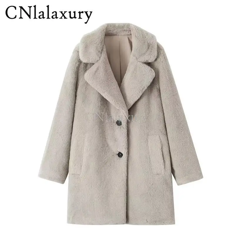 CNlalaxury 2024 Autumn Winter Women New Fashion Mid Length Version Lapel Imitation Fur Overcoat Long Sleeved Solid Color Trench