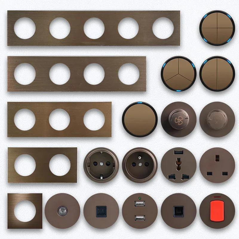 Coffee Color Aluminum Brushed Wall Switch & Socket Panel, 1/2/3/4/5 Gang Integrated Design, Modern Metal Home Electrical Series
