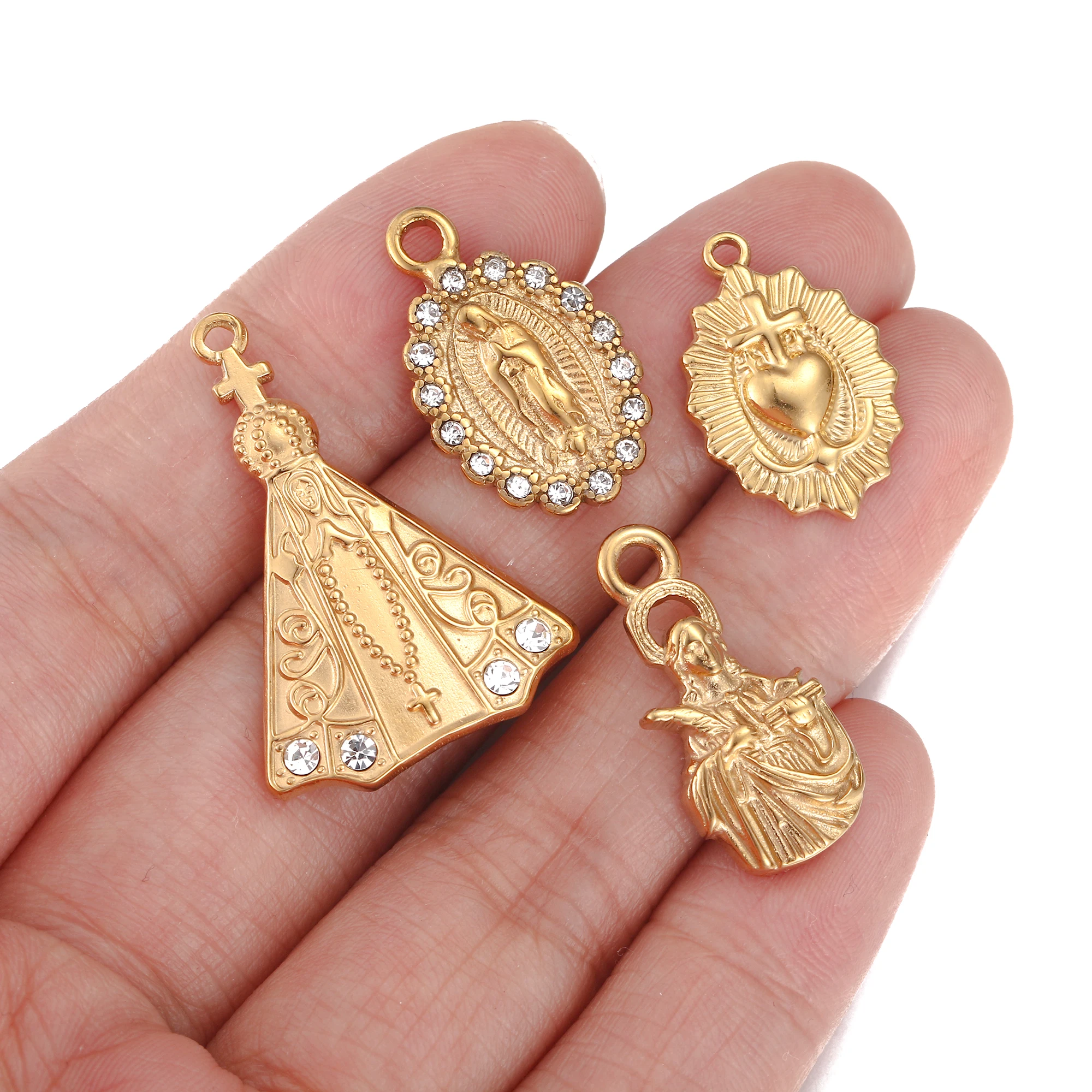 3Pcs Our Lady Of Aparecida Charm Stainless Steel Virgin Mary/Cross/Heart Catholic Amulet Pendant for Necklace DIY Jewelry Making