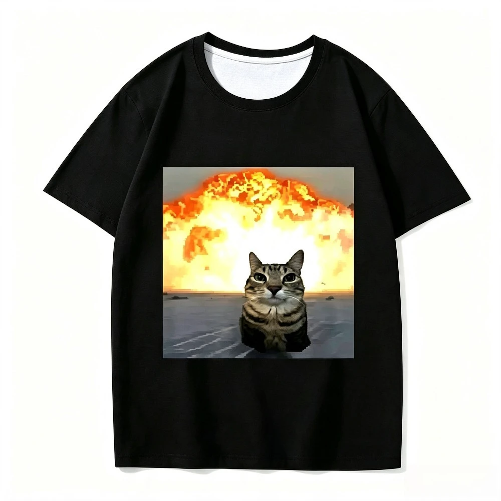 Retro Funny Cat Explosion Meme Graphic T Shirt Men Women Y2K Short Sleeve Tee Halloween Christmas Gift Tops