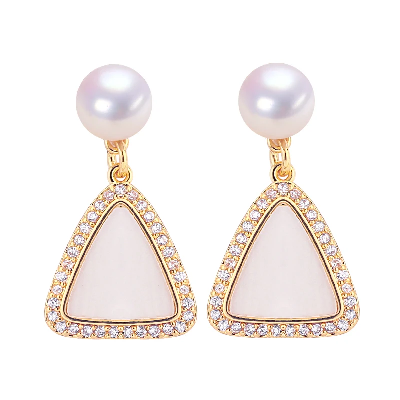 

ZHBORUINI New 14K Gold Plated Natural Pearl Earrings 925 Silver Ear Needle Geometric Triangle Stud Earrings For Women Jewelry