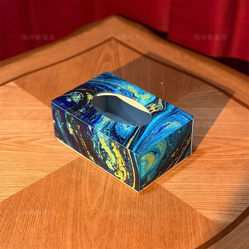 Luxury Heavy‑Craft Glass Tissue Box Blue Gold Swirl Art Napkin Holder for Desktop Decoration