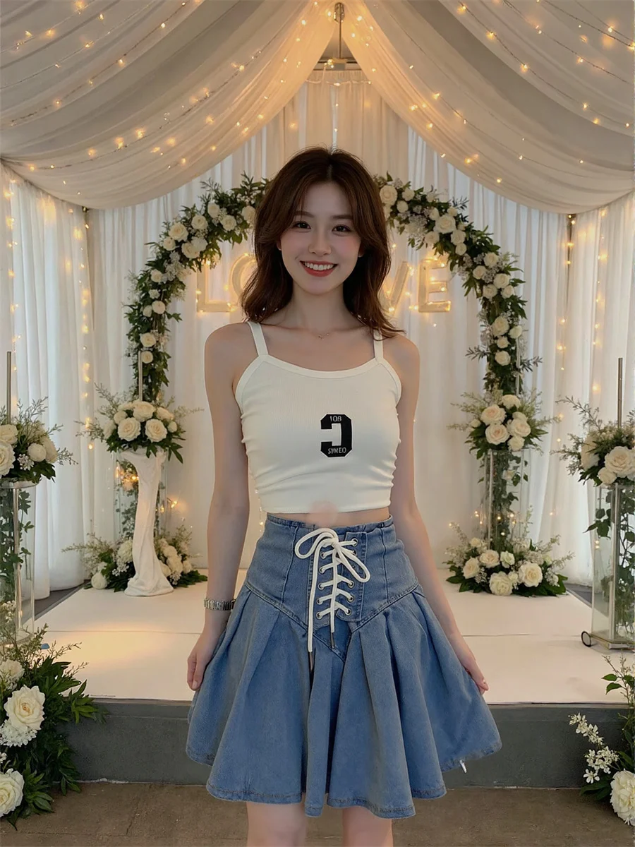 

Плиссированные джинсовые мини-юбки женские двухслойные Y2k торт с рюшами художественный современный шик элегантный тренд лоскутное лето