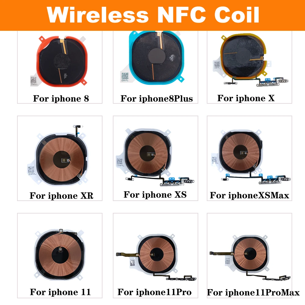 JoeeStore-receptor de carga inalámbrico, bobina NFC con Cable flexible de volumen para iPhone 8, 8Plus, X, XS, XR Max, Panel de carga, piezas de