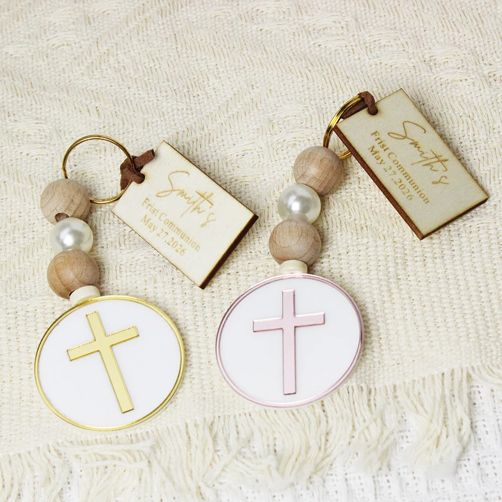 Personalized Cross Keychains Keyrings wood Baptism tags Custom First Communion Favors Mi Bautizo Baby Gift, Tasbeeh Favors