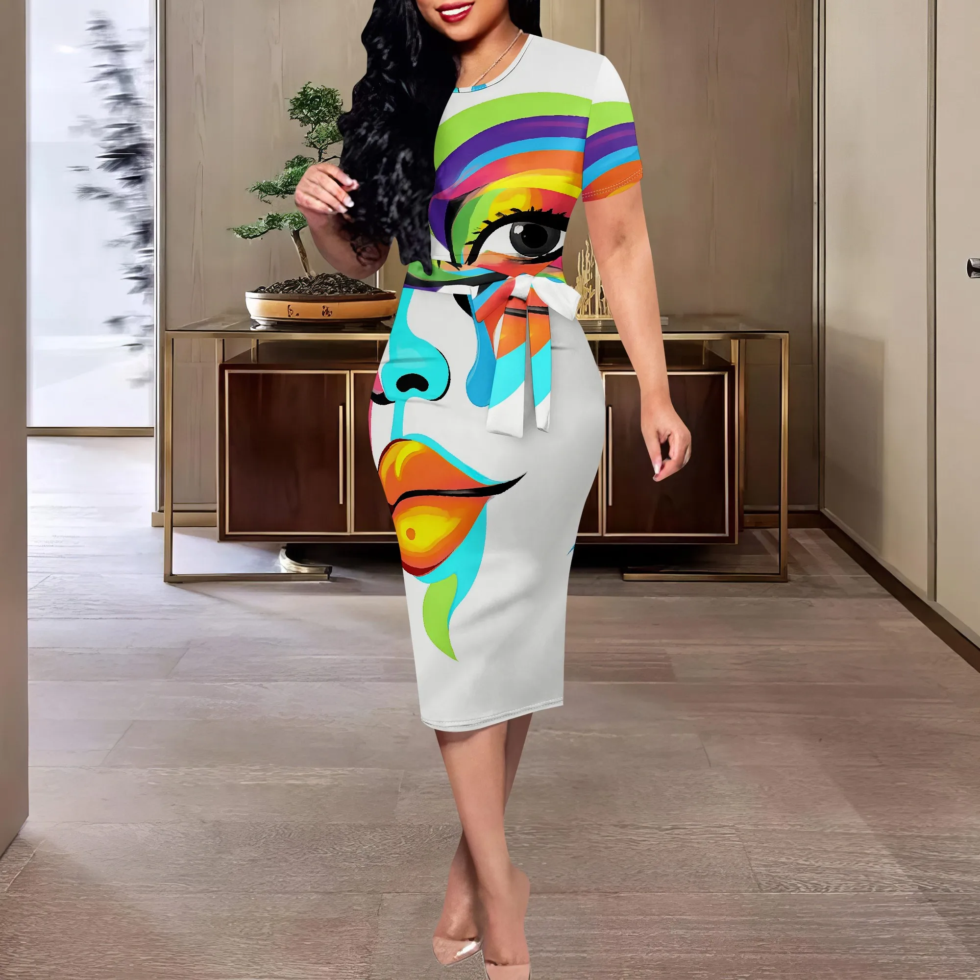 

Rainbow Face Art Print Dress XS-3XL Short Sleeve Belted Midi for Pride Month, Street Fashion or Art Festival Look