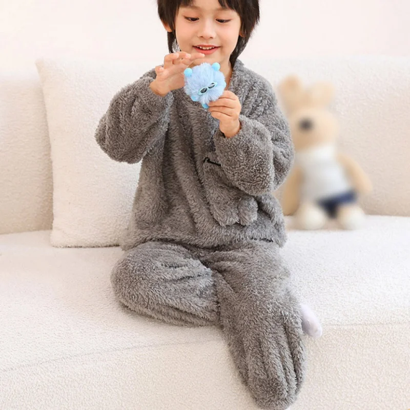 Autumn Winter Boy Girl Clothes Pajamas Set Solid Cartoon Pattern Flannel Two-Piece Sleepwear Unisex Warm Nightwear Loungewear