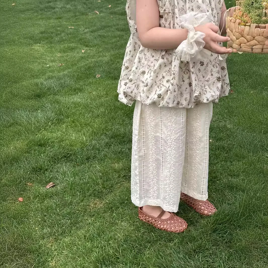 Girls' Summer Casual Pants Baby Foreign Style Children's Personality Korean Version of Mori Lace Hollow Sweet Wide-leg Pants