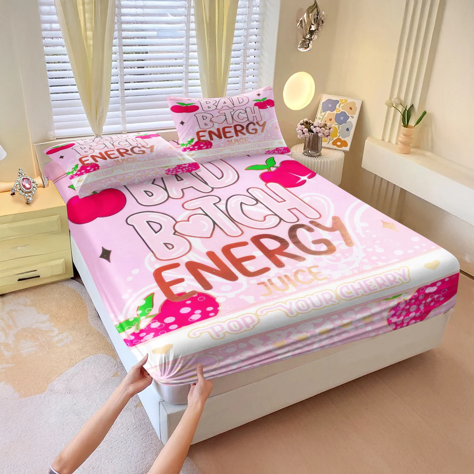 Cute Cherry Fruit Bubble Fitted Sheet Set 3Pcs Pink Heart Sparkle Pattern Bedding Set Deep Pocket Bed Sheet with 2 Pillowcases