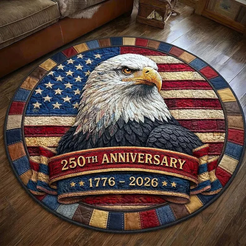 Vintage USA 250 Years Round Rug 1776 2026 Anniversary Star Spangled Print Floor Mat for Living Room Entryway Patriotic Decor