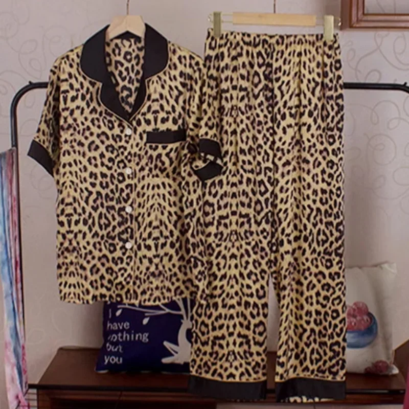 Sexy Leopard Sleepwear Shirt Trouser Suits Female Pajamas Set Loungewear Loose Casual Homewear Spring Summer Ice Silk Nightwear