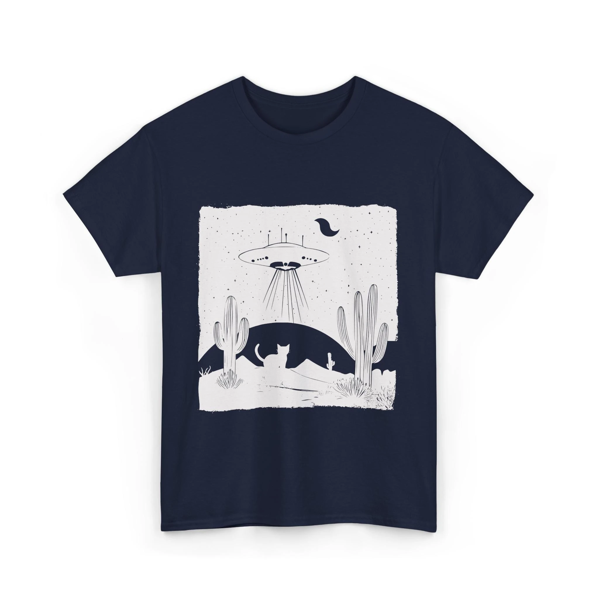 UFO الغريبة القط الصحراء الجرافيك تي شيرت للجنسين القطن المحملة الجمالية الغريبة اختطاف قميص هدية لعشاق الخيال العلمي بوهو الصحراء المحملة