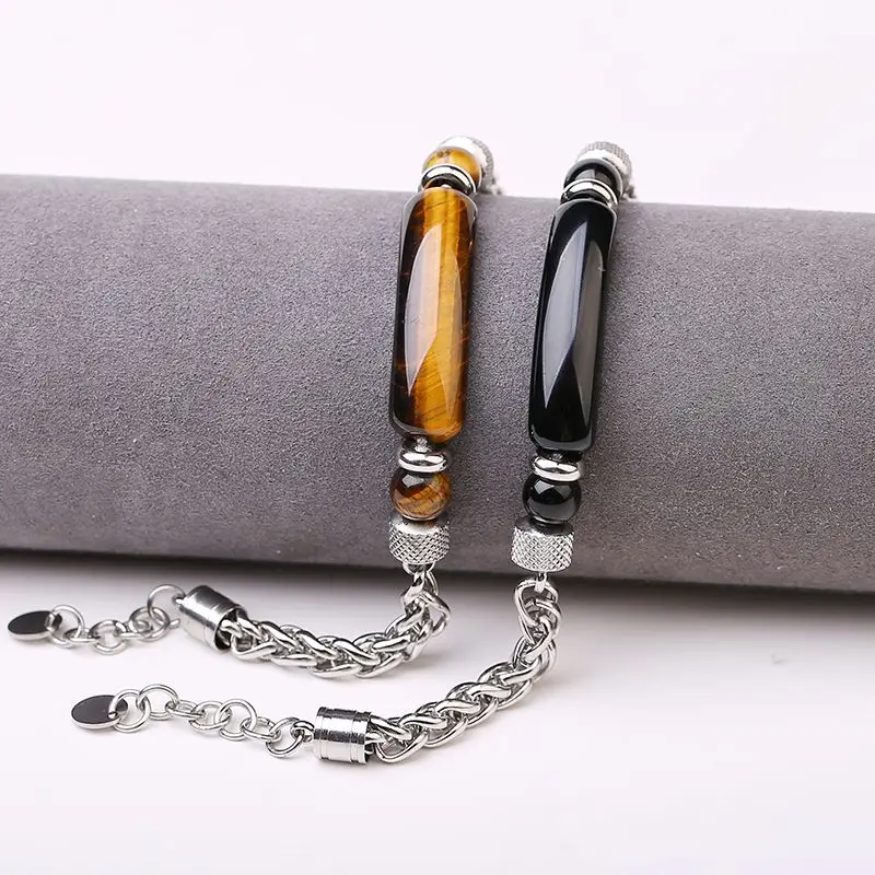 

Obsidian Hand Brand Men's Tiger's Eye Stone Half Bracelet Crystal