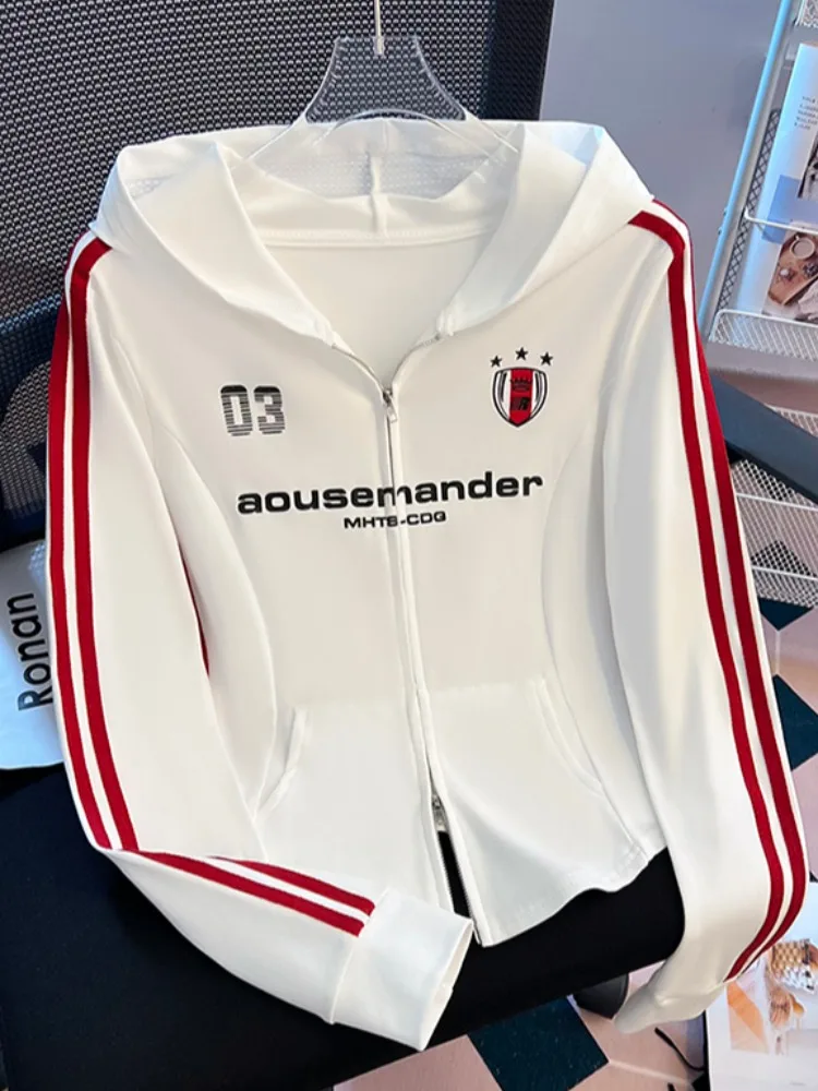 

Slim Fit Hoodie Jaet Women's Early Autumn Zipper Open Cardigan American Color Blo Bar Stripe Self-Kee Sle Cotton Blend