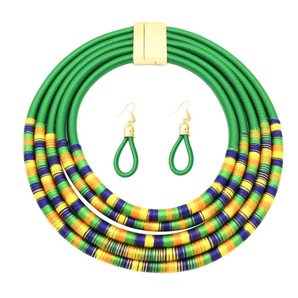 

Multilayer Choker Necklace Earrings African Style Hand-Woven Attractive Multilayer Design Magnetic Snap Necklace