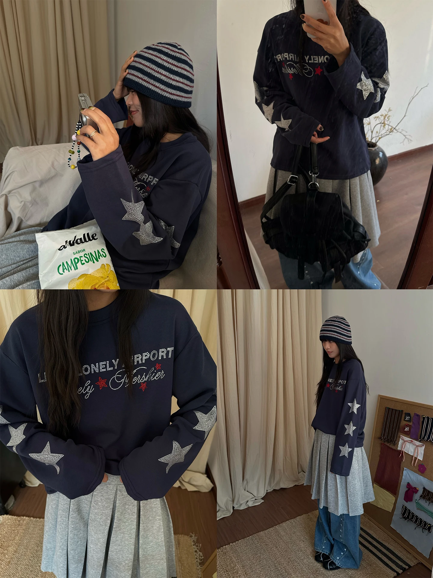 

Корейская футболка NIDEBLA с длинными рукавами, женская, свободного кроя, с круглым вырезом, украшенная стразами и буквенным принтом, повседневный топ