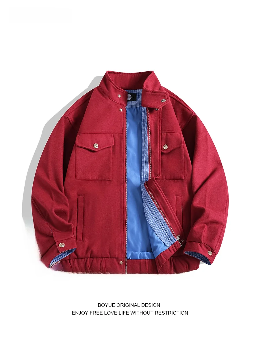 

BOYUE American Sle Woolen Red Jaet Stand Collar Multi ket Casual Outerwear for Men High-End Feeling Patchwork