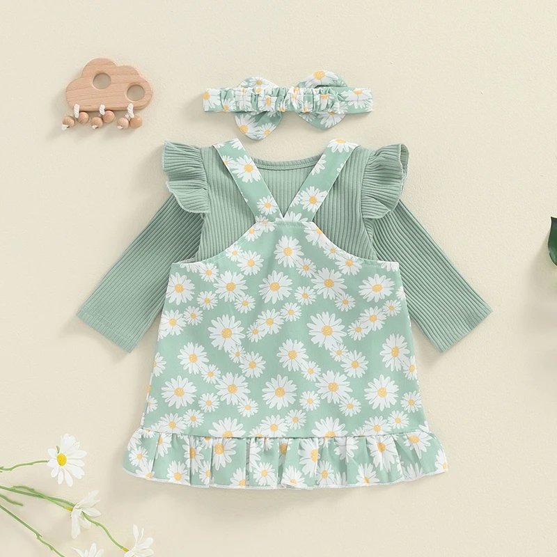 Newborn Clothes Baby Clothing Girls Ribbed Ruffles Bodysuits+Floral Suspender Skirts+Headband Spring Autumn Outfits