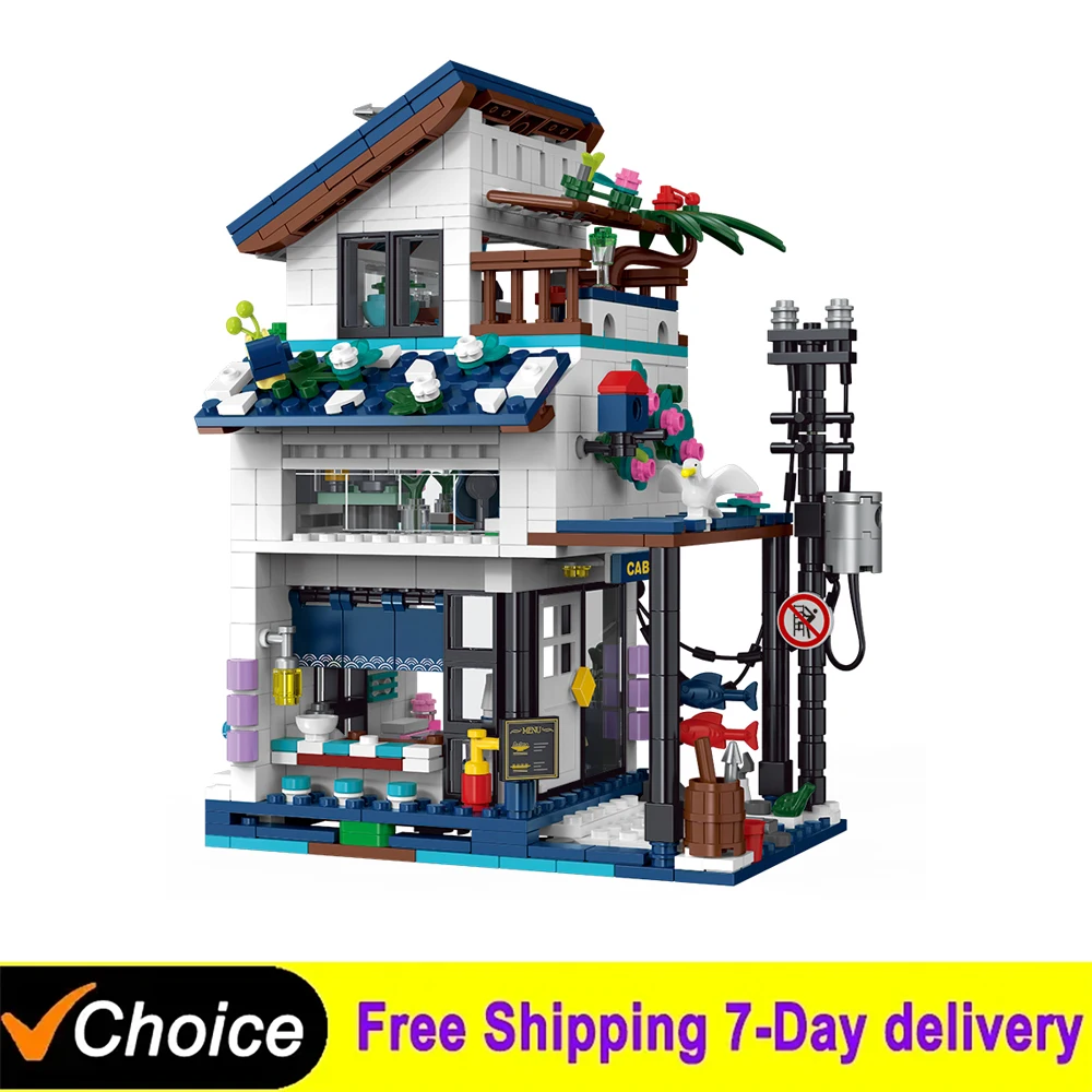 

NEW 3 IN 1 Seaside Holiday Villa Building Blocks City Street View With LED Light Modern Villa Bricks Toys Kids Christmas Gifts