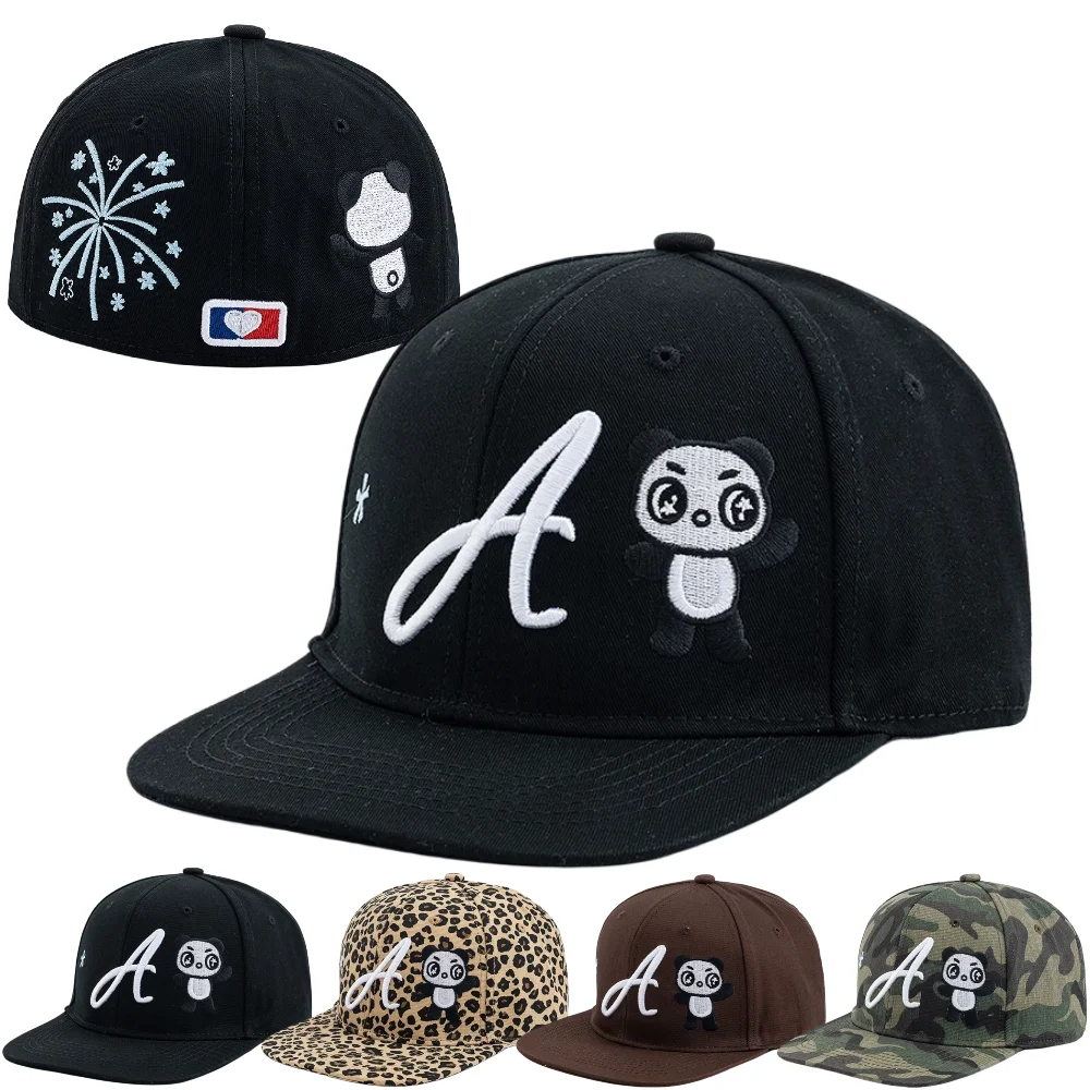 Neue Damen-Baseballkappe im koreanischen Stil: Trendige, eng anliegende Snapback-Kappe mit Cartoon-Panda, Buchstabe A und Feuerwerk-Motiv, flacher Schirm