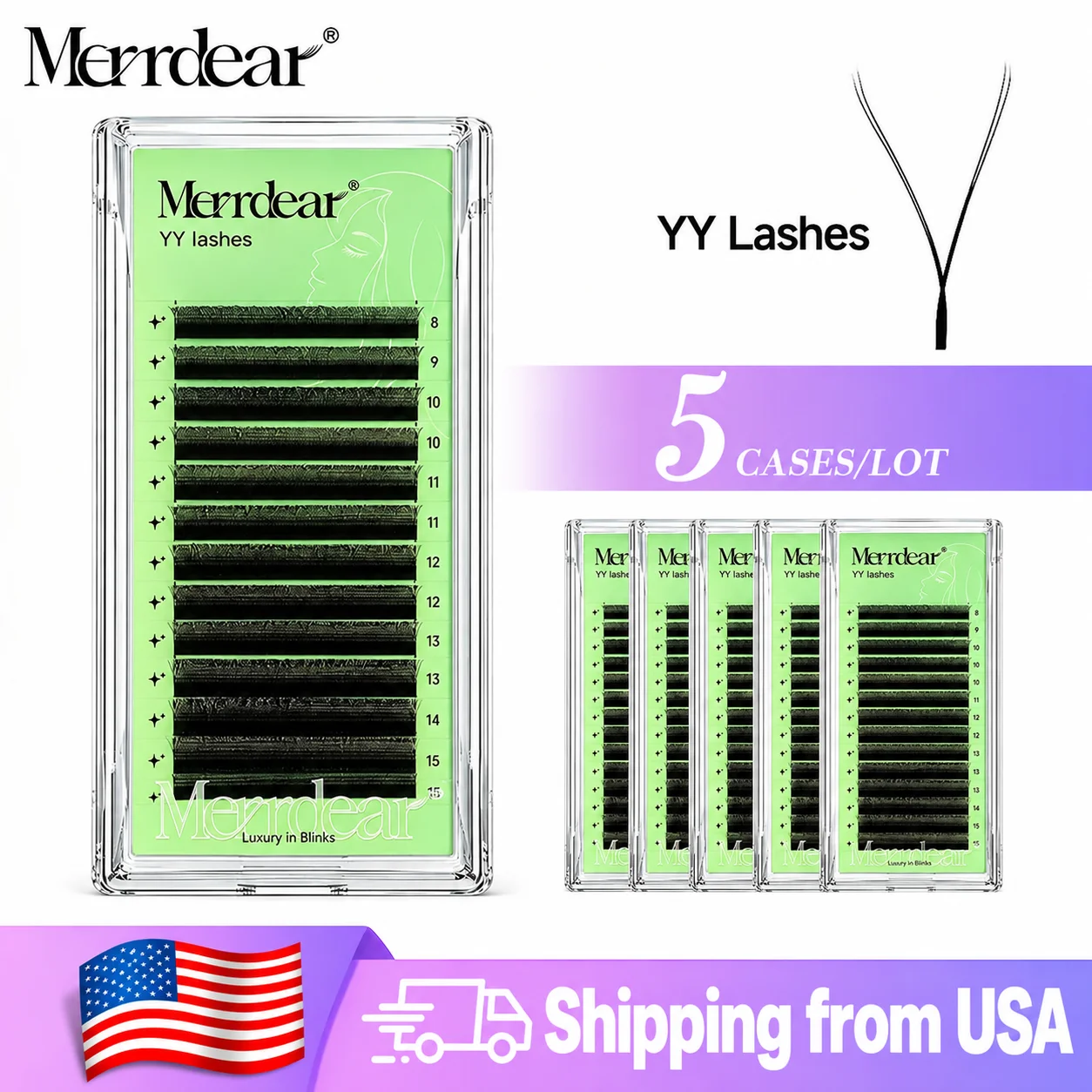 Merrdear Ship From USA 5 Cases/Lot YY Shape Eyelash Extensions C/D Curl 8-15mm Length Black YY Lashes False Eyelashes Wispy Soft Natural Fast Delivery Free Shipping