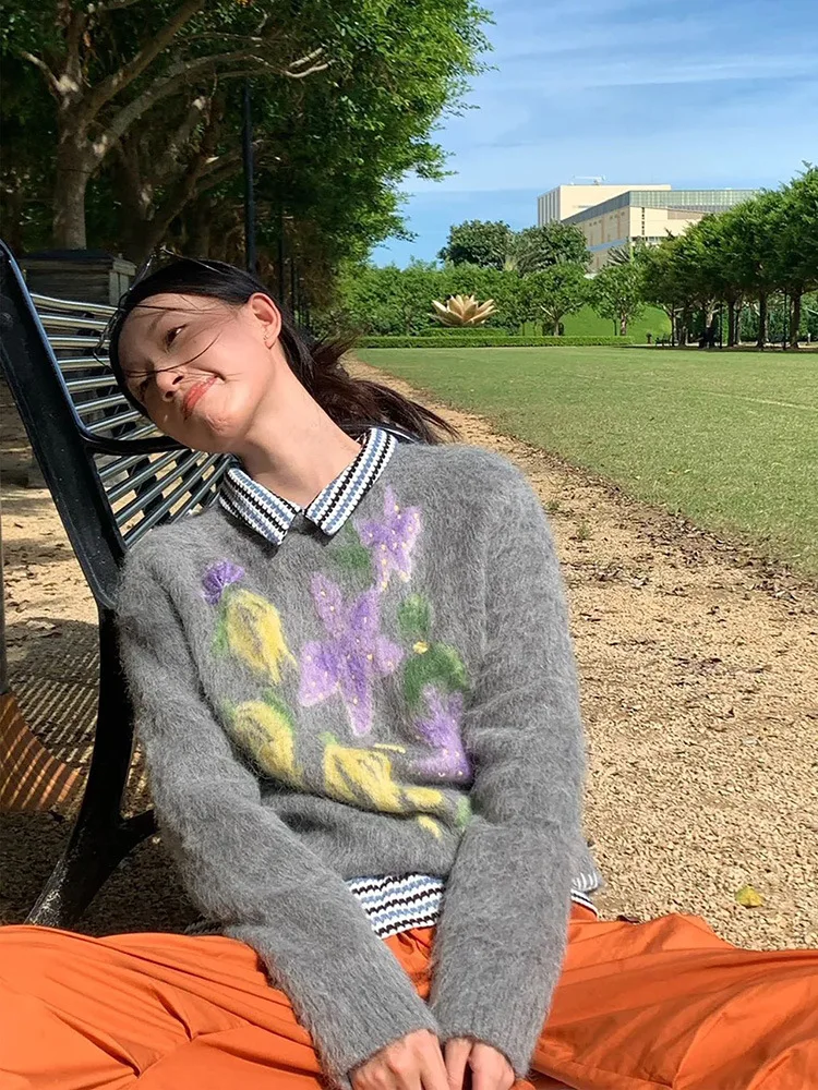 24 ฤดูใบไม้ร่วงและฤดูหนาวนุ่ม Waxy ขี้เกียจลม Wild South ดอกไม้ฝังไหล่ถักเสื้อสเวตเตอร์ถักเสื้อถัก