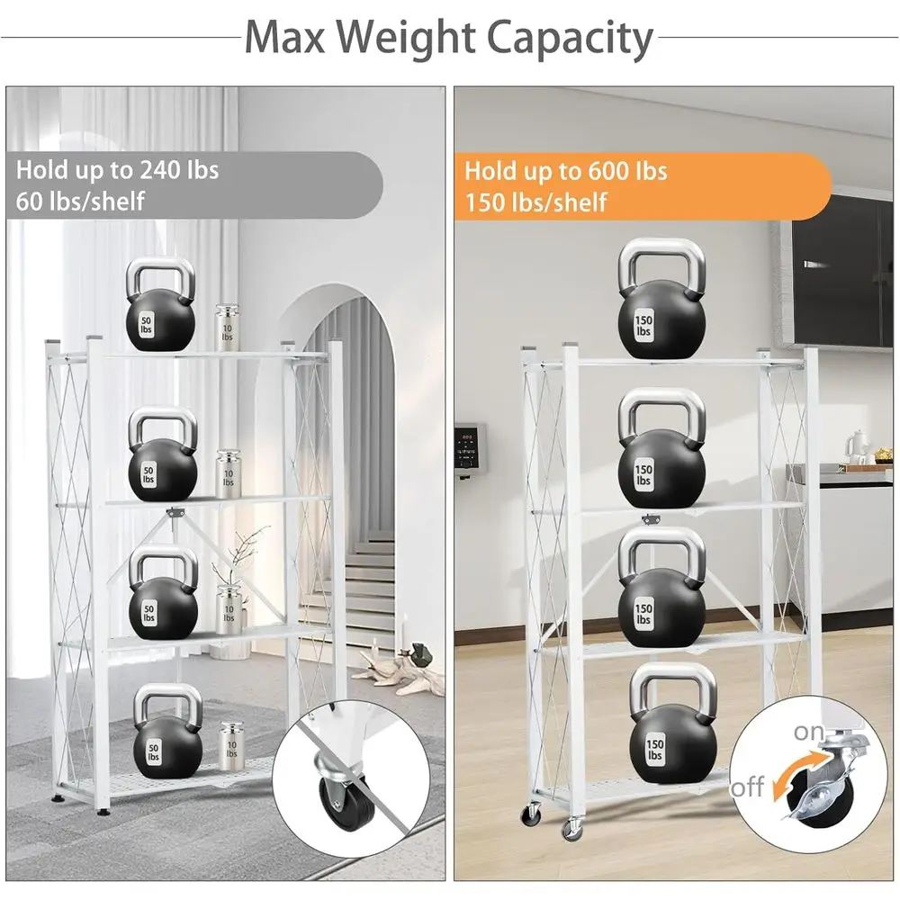 Collapsible 4-Tier Steel Utility Shelf with Wheels, Holds 600lbs, Rolling Storage Rack for Home and Office, White