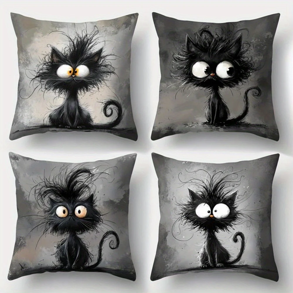 4pc Fantasy Black Cat Picture Single-sided printing Short plush Suitable living rooms bedrooms sofas (excluding pillow cores)