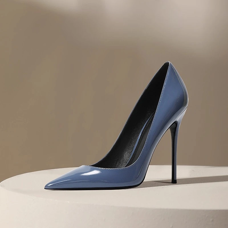 

Haze patent leather blue high heels for women, new slim heels, sexy professional commuting work pointed single shoes
