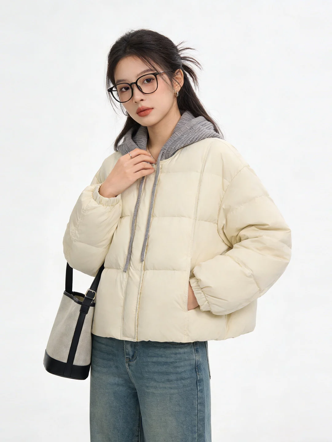 

Корейское простое вязаное пальто-худи для женщин, теплое, комбинированное, с эффектом двухслойности, короткое стеганое пальто с капюшоном