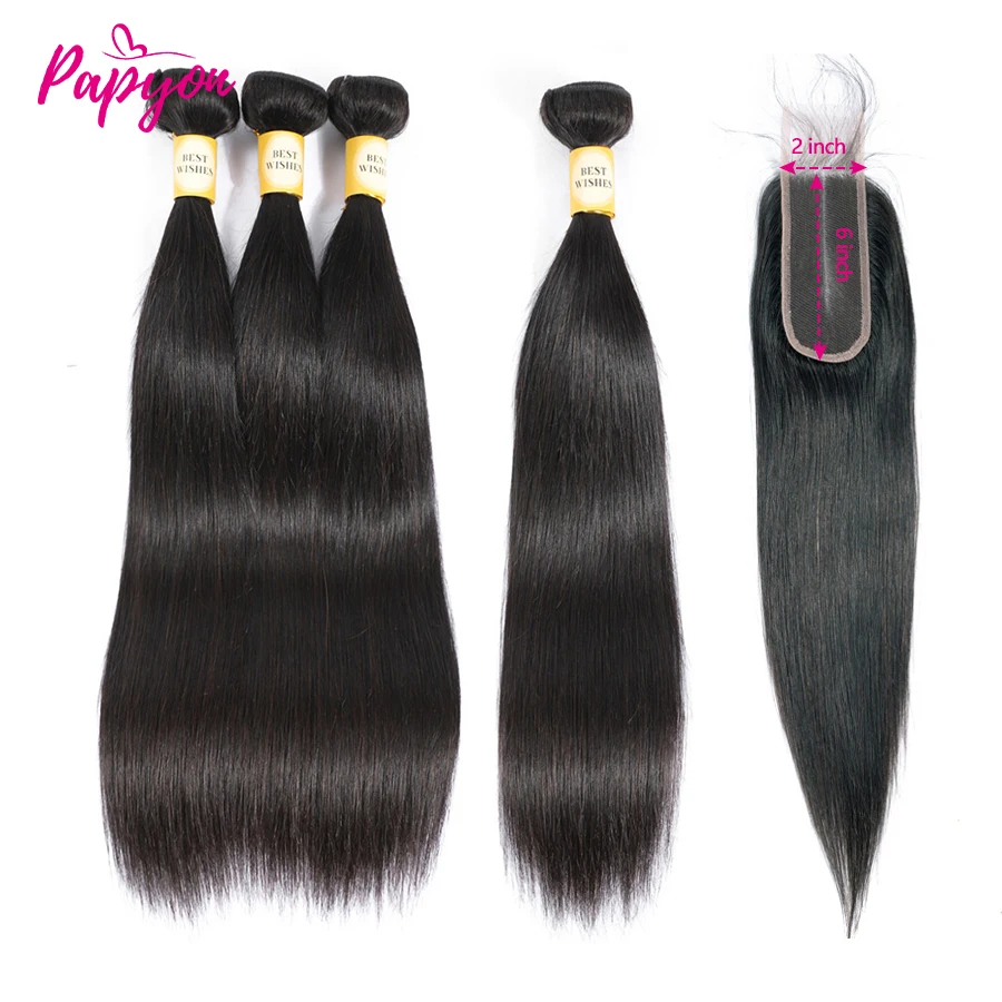 Brazilian Raw 30 32inch Hair Extensions Weave Bundles With 2x6 Closure Straight Human Hair Bundles With Closure