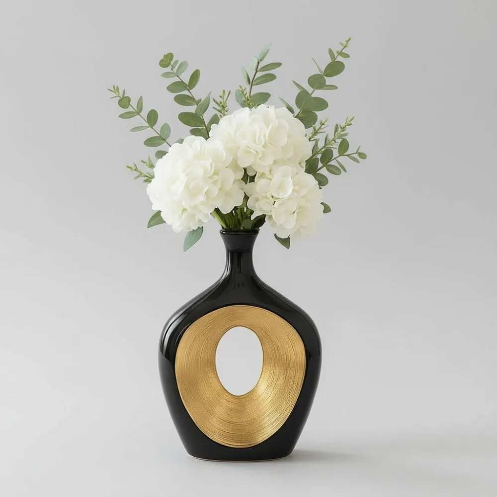 

Elegant Ceramic Vase for Home Decor - Hollow Center Flower Vase in Black & Gold, Ideal for Living Room, Office, and Gifts