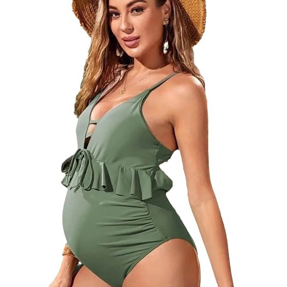 Traje de baño de maternidad elegante para mujeres embarazadas, bañador de una pieza con volantes de cuerda, Ideal para playas, piscinas y actividades al aire libre