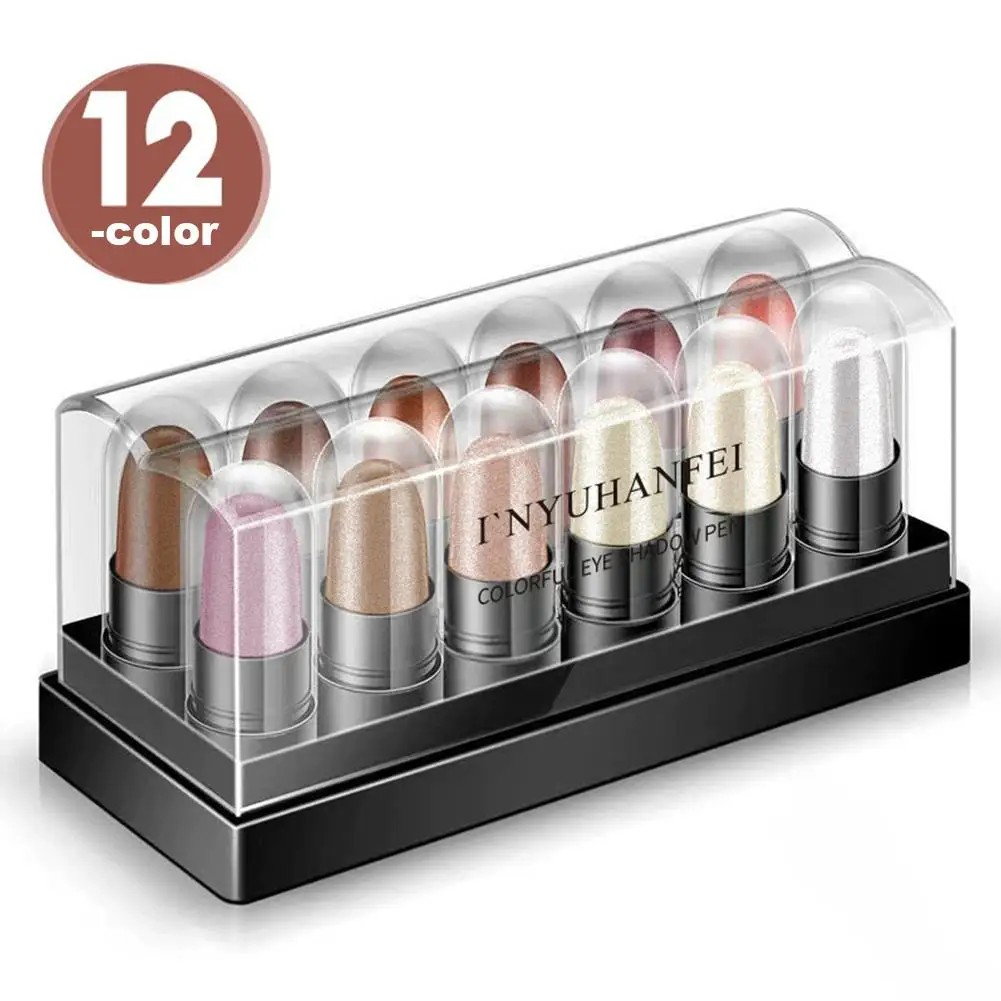 12 Colors Glitter Gradient Eyeshadow Stick Set, Waterproof Shimmer Eye shadow Palette Blendable Natural Look Women Eye Makeup
