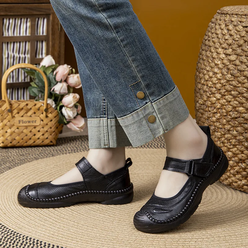 Jesienne, skórzane, płytkie baleriny damskie w stylu retro, na płaskiej podeszwie z miękkiej skóry bydlęcej, buty dla mamy.