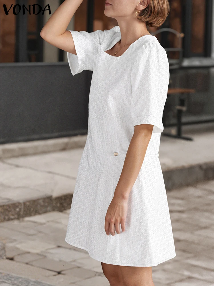 

VONDA Elegant Dresses Office Lady Mini Vestidos 2025 Women Fashion Party Summer Short Sleeve Square Collar Solid OL Sundress