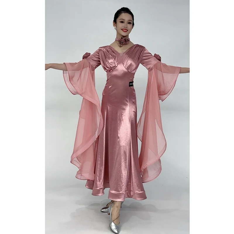 High End Ballroom Dance Competition Dress Satin Pink Long Dress Prom Party Costume Waltz Dance Performance Clothes Stage Wear