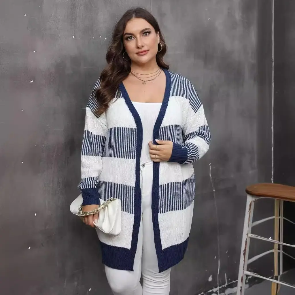

Women's plus Size Cardigan European American Style Colored Stripe Stitching Machine-Woven Casual Sweater Jacket for Women
