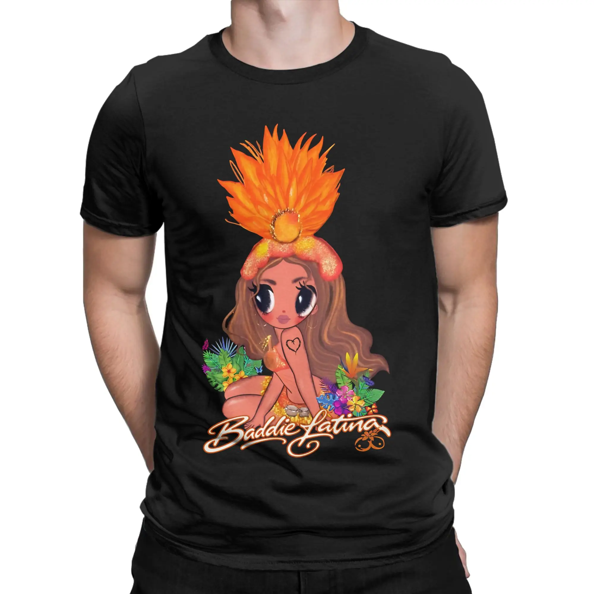 Karol G Chibi Girl Orange Samba Feather Headdress Tropical Flowers T-Shirts for Men 100% Cotton Short Sleeve T Shirts Clothes