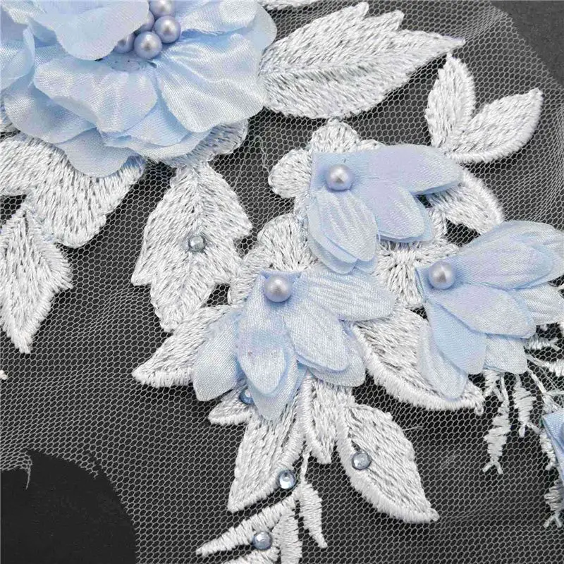 TEXU 4X Beaded Hot Drilling Lace Bridal Beaded Flowers Embroidery Patches Sky Blue