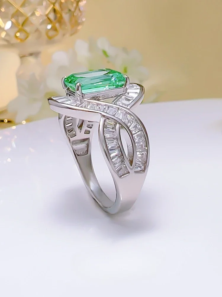 Palaiba green tourmaline ring, emerald cut rock sugar rectangular 925 sterling silver high carbon diamond wedding jewelry image 3