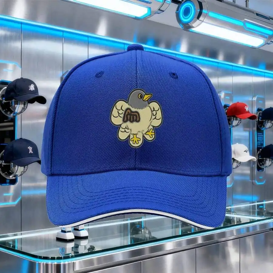 

Royal Blue Adjustable Baseball Cap With Embroidered Cartoon Bird Design For Casual Wear