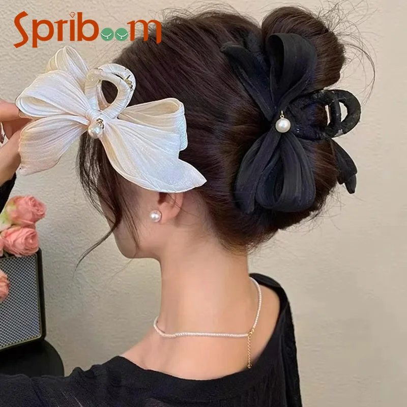 

French Elegance Bow Hair Clip for Women Simple Pearl Hair Claw Clips Large Size Hairpin Korean Autumn Winter Hair Accessories