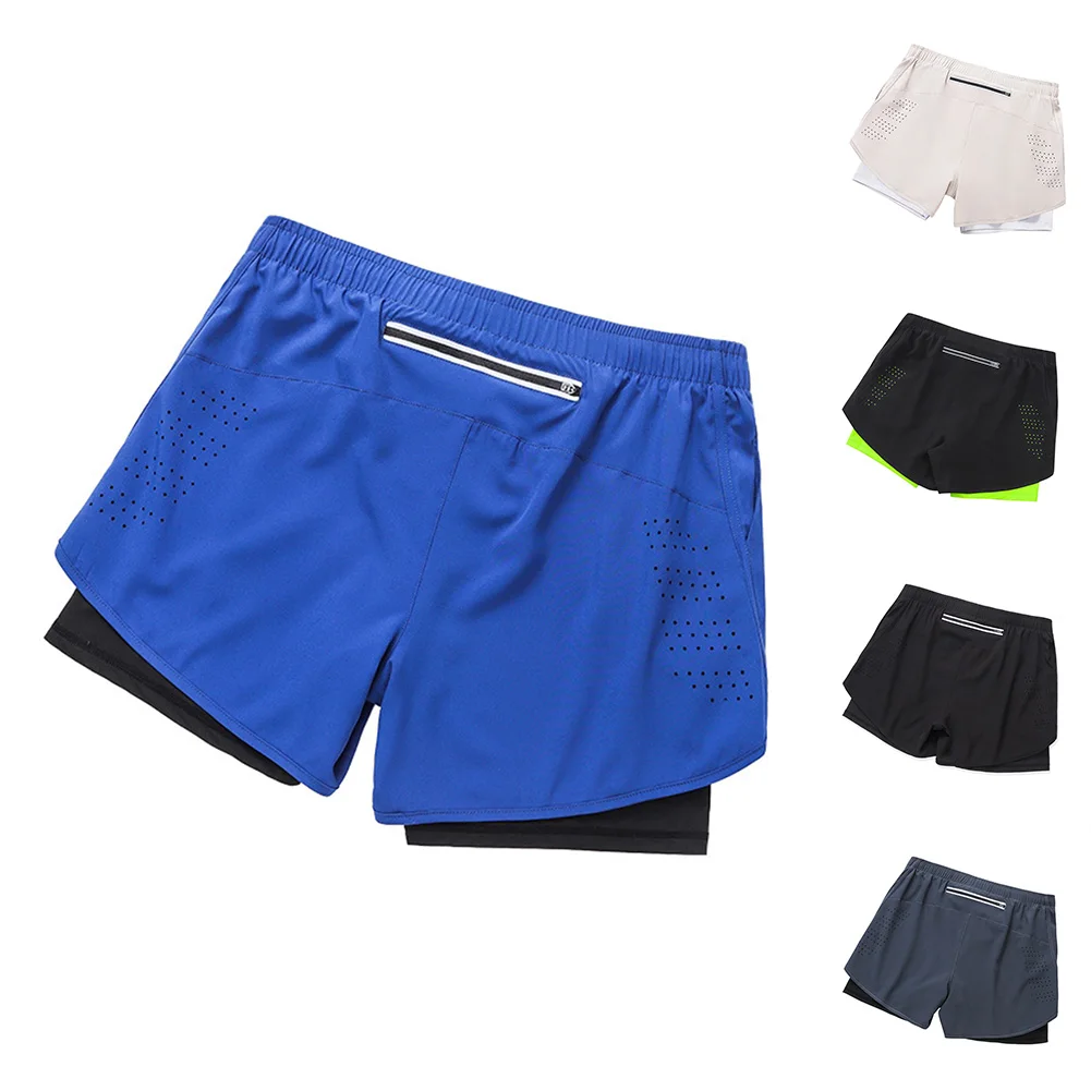 شورت أزرق سريع الجفاف يسمح بالتهوية بطبقة مزدوجة شورت يسمح بالتهوية ملابس رياضية رجالية تصميم عالي المرونة بلون واحد