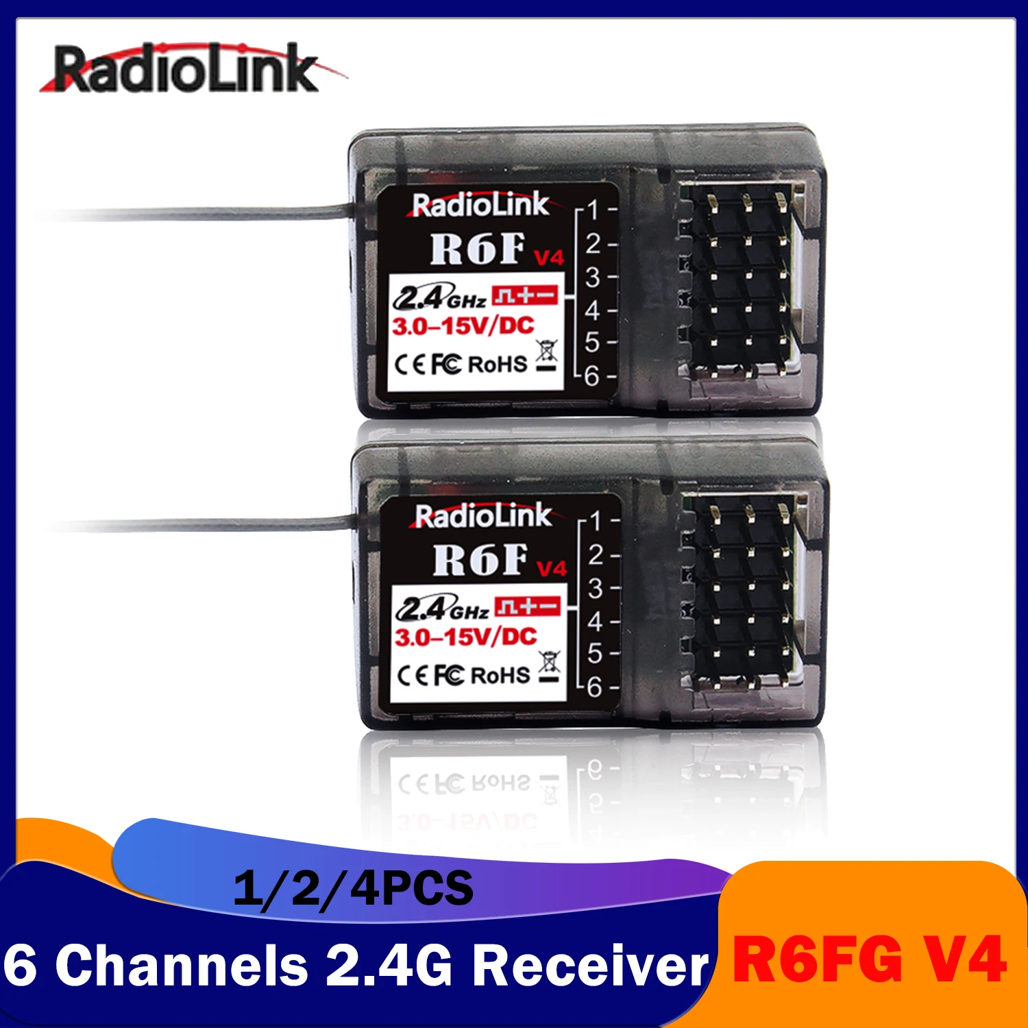 

RadioLink 1/2/4PCS R6F V4 6 Channels Receiver 3-15V for RC Remote Control Car Boat Model RC8X/RC6GS/RC4GS/T8FB/T8S Transmitter