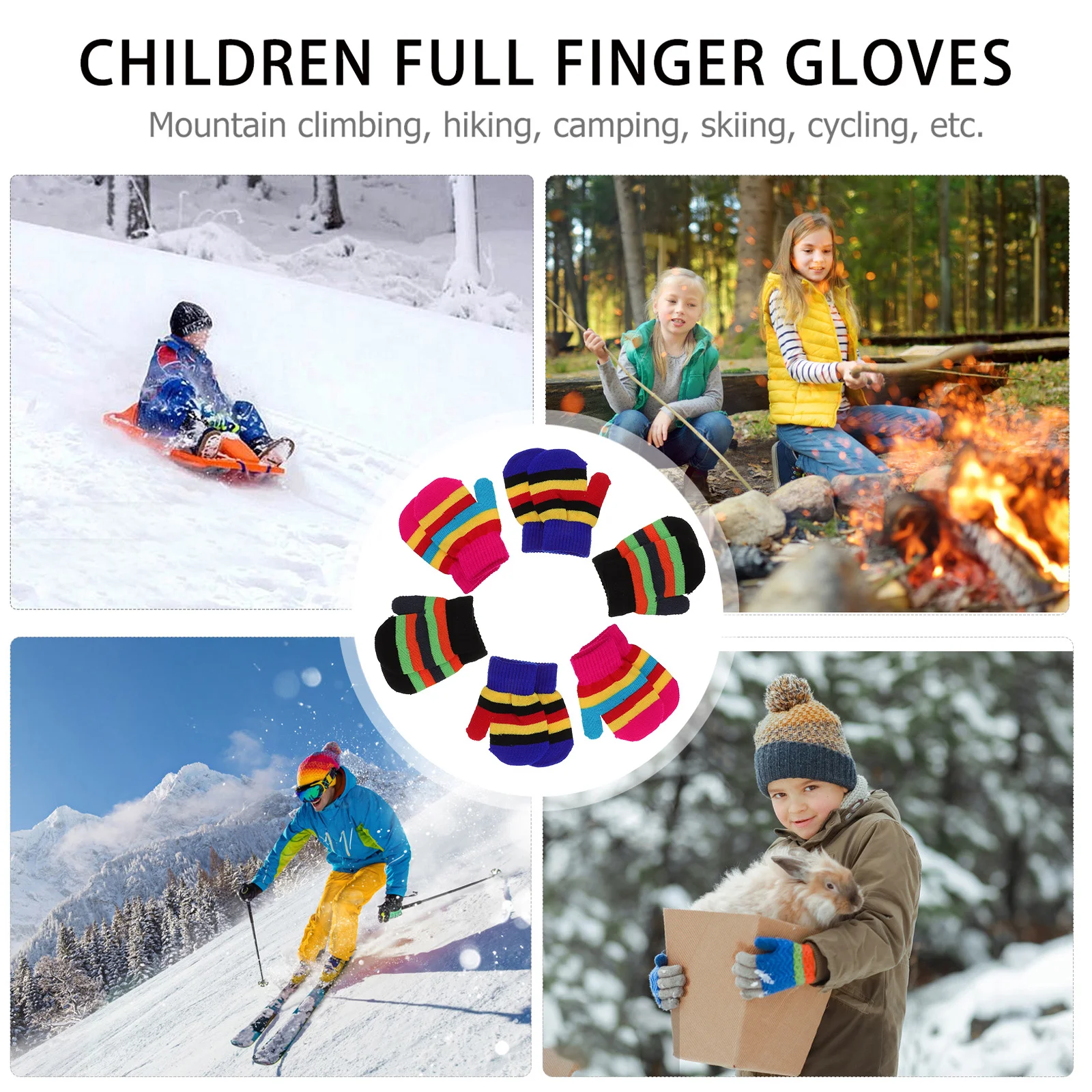 

6Pairs Children Knitted Warm Gloves Winter Colorful Outdoor Full Coverage Hand Protectors Soft Lining Cold Proof Gloves