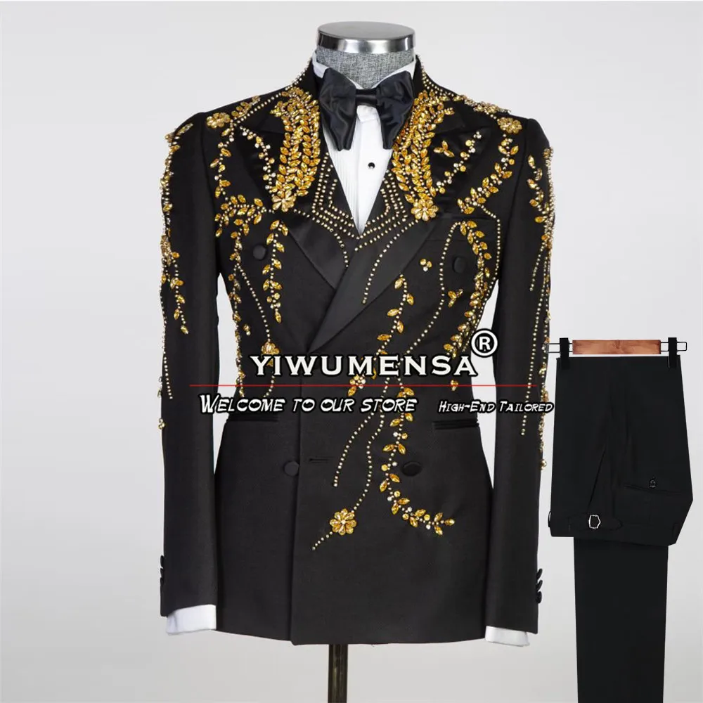 

Gold Beaded Stone Suits Mens For Wedding Double Breated Jacket Pants 2 Pieces Groom Tuxedos Bespoke Trajes Elegante Para Hombres